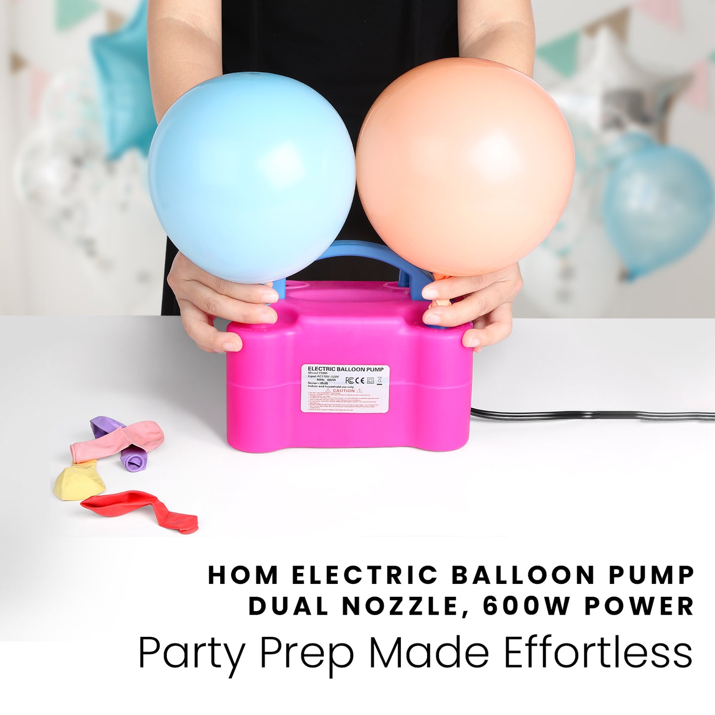 HOM Balloon Pump - Dual Nozzle Electric Balloon Pump - Dual Modes & Nozzle Tips for Small & Large Balloons - for Latex & Foil Birthday Decorations - NOT for Long Balloons & Inflatables