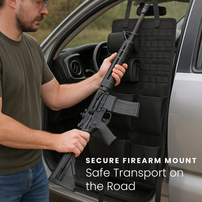 HOM Seat Back Gun Rack - Backseat Car Organizer for Tactical Gear - Adjustable Buckle Strap for Universal Fit for Most Cars & Trucks - Car Storage Rack for Hunting or Tactical Gear (2-pack)