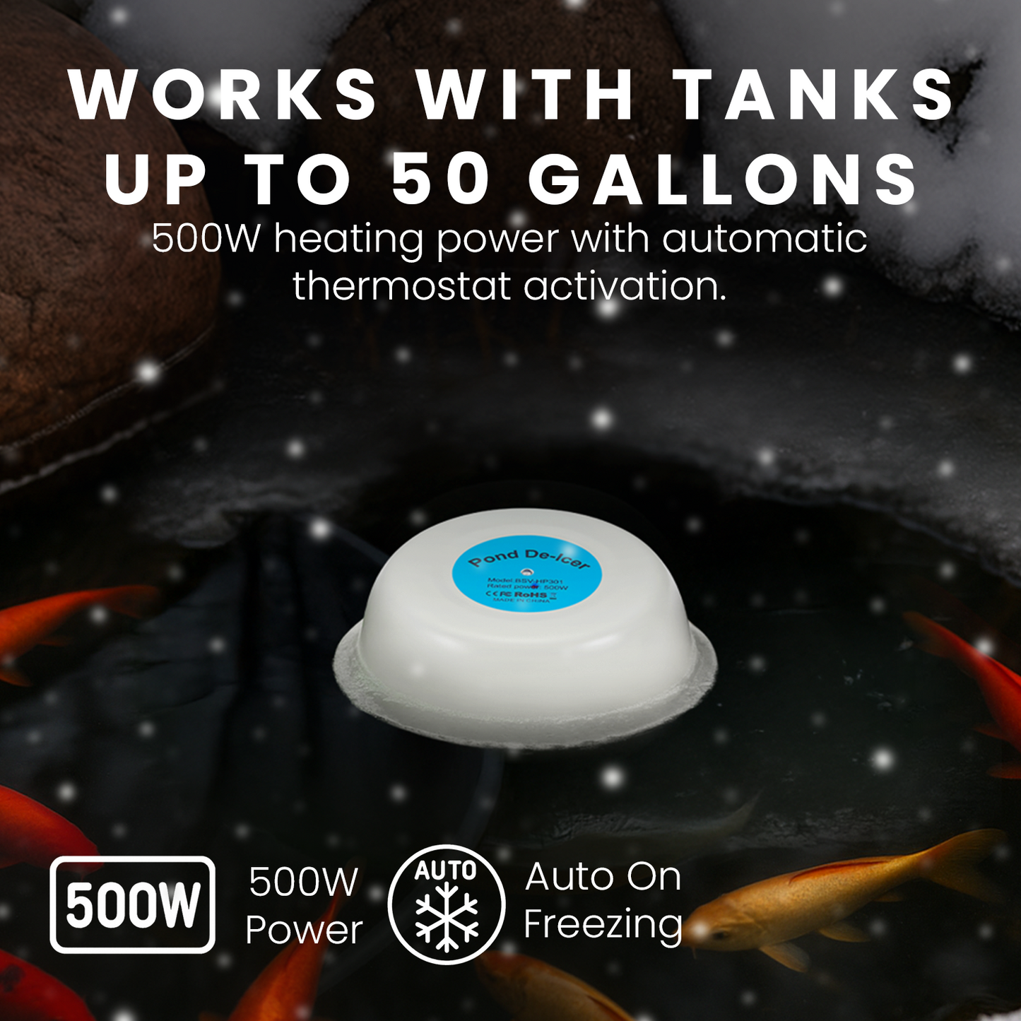 HOM Water Heater for Aquarium - 500W Aquarium Heater for Fish Tanks Up to 50 Gal - Floating Pond Deicer with 10ft Power Cable & Built-in Thermostat