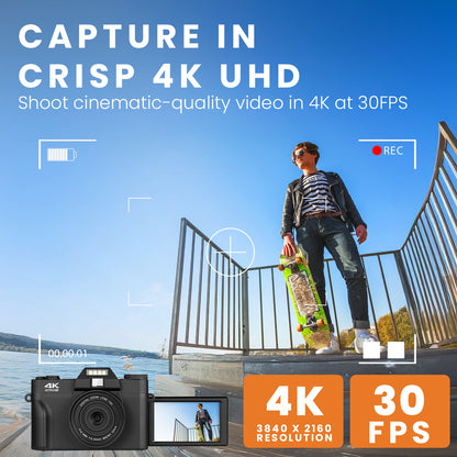HOM 4K Digital Camera with Interchangeable Lens - 16x Digital Zoom, 3.0" Flip Screen, Autofocus & Wi-Fi Connectivity - 32 Micro SD Card Included
