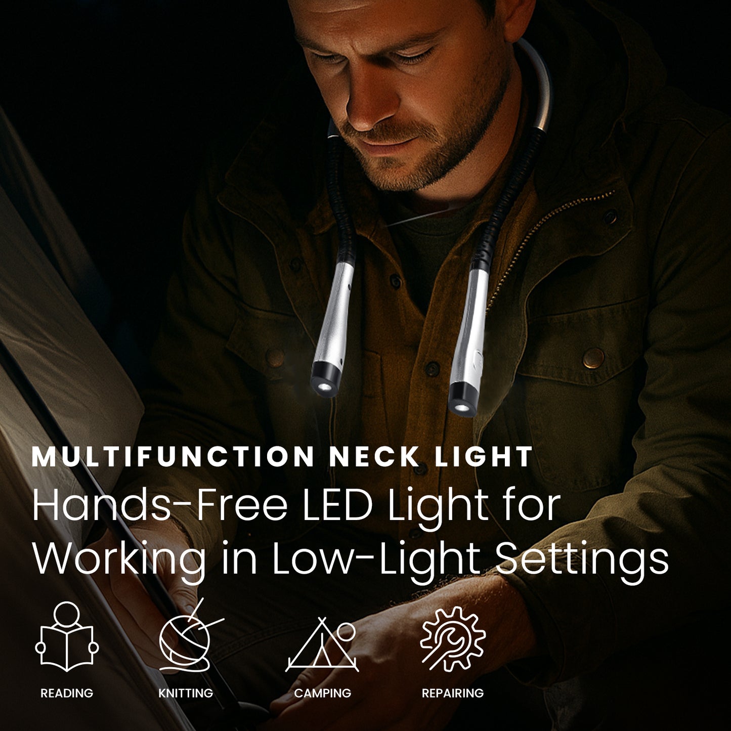 HOM Multifunction Neck Light - Wearable Reading Light for Arts, Crafts, Camping & Working in Low-Light Settings - Rechargeable Dual LED with 3 Lighting Modes for Hands-Free Illumination