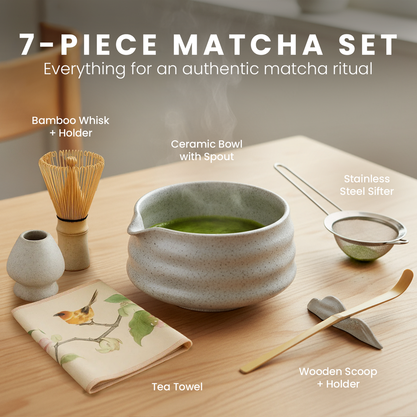 HOM Matcha Whisk Set - 7pc Matcha Set Includes Ceramic Bowl, Bamboo Whisk & Holder, Wooden Scoop & Holder, Sifter & Tea Towel (Matcha NOT Included)