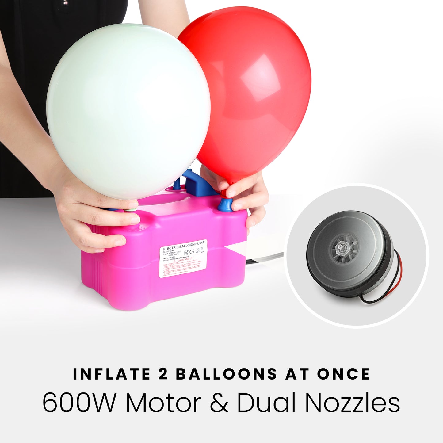 HOM Balloon Pump - Dual Nozzle Electric Balloon Pump - Dual Modes & Nozzle Tips for Small & Large Balloons - for Latex & Foil Birthday Decorations - NOT for Long Balloons & Inflatables