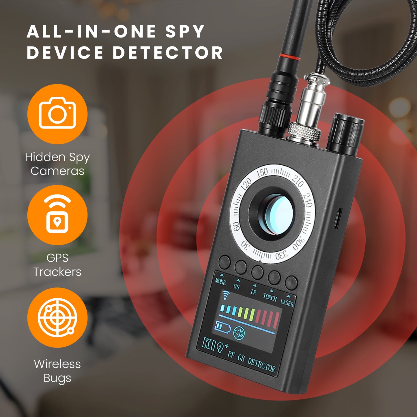 HOM Deluxe Hidden Camera Detector - Spy Camera Finder, GPS Tracker & Wireless Bug Detector for Home, Hotels, Office & Cars - Adjustable Sensitivity Levels & Detection Mode for Accurate Detection