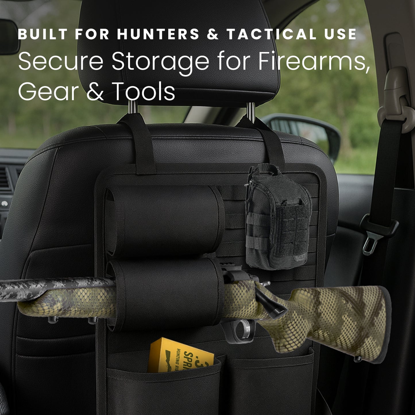 HOM Seat Back Gun Rack - Backseat Car Organizer for Tactical Gear - Adjustable Buckle Strap for Universal Fit for Most Cars & Trucks - Car Storage Rack for Hunting or Tactical Gear (2-pack)