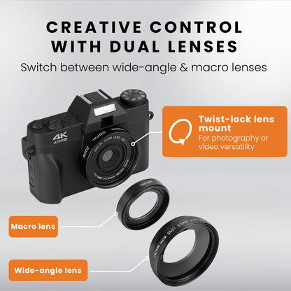 HOM 4K Digital Camera with Interchangeable Lens - 16x Digital Zoom, 3.0" Flip Screen, Autofocus & Wi-Fi Connectivity - 32 Micro SD Card Included
