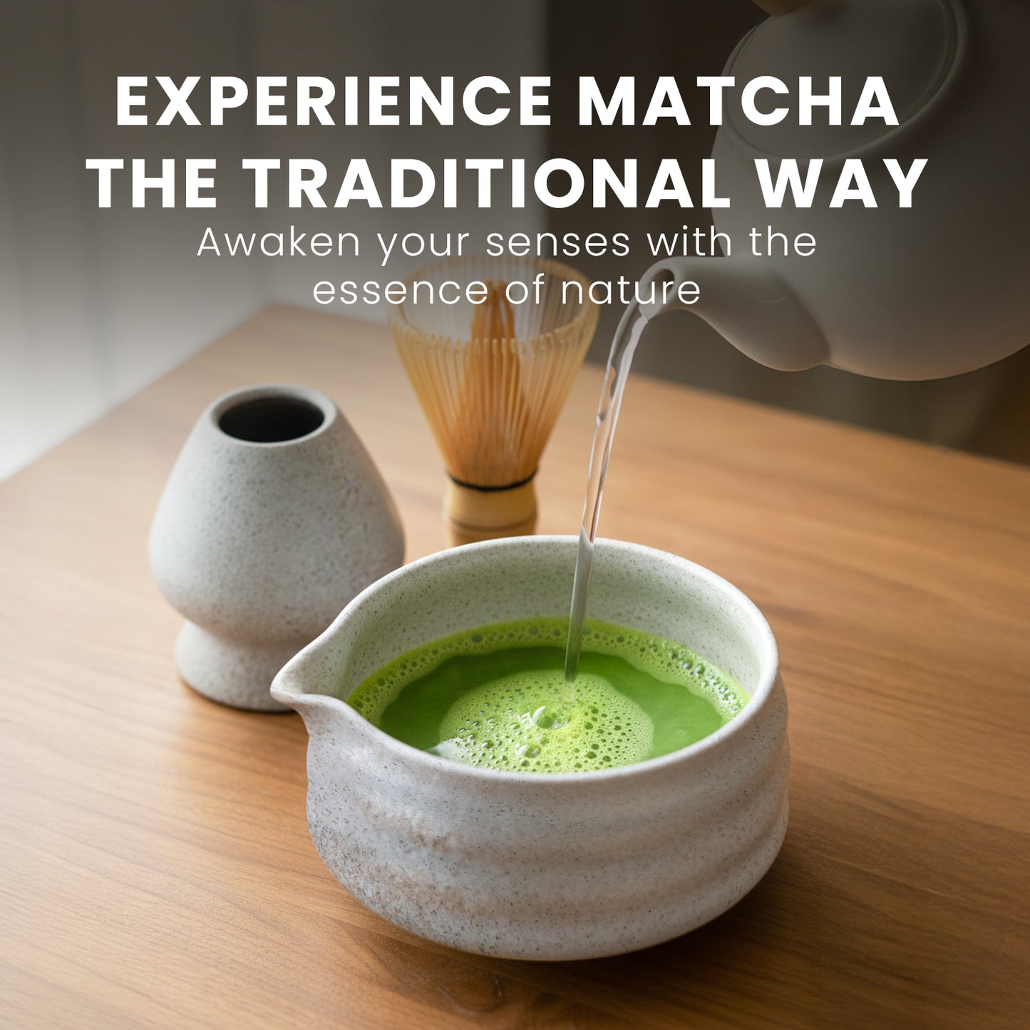 HOM Matcha Whisk Set - 7pc Matcha Set Includes Ceramic Bowl, Bamboo Whisk & Holder, Wooden Scoop & Holder, Sifter & Tea Towel (Matcha NOT Included)