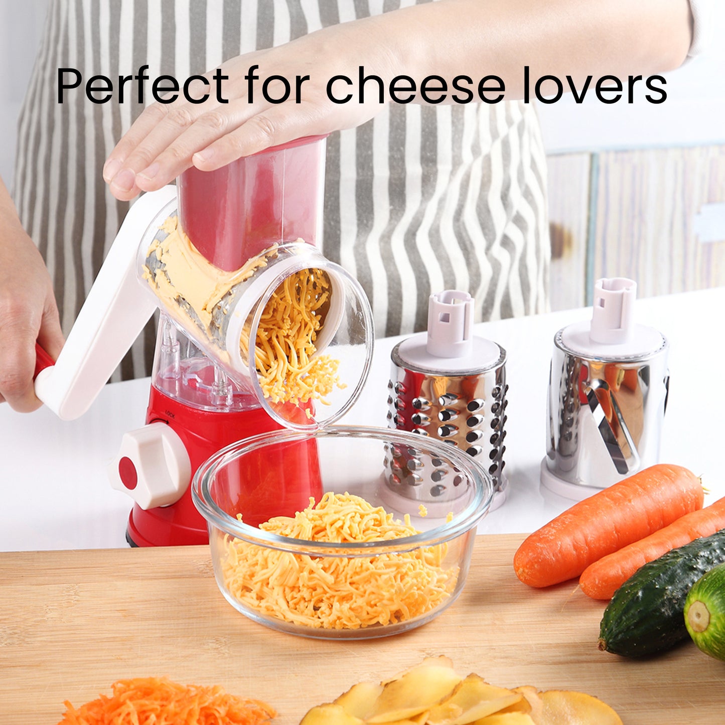 HOM Cheese Grater with 3 Interchangeable Blades, Manual Cheese Shredder, Vegetable Grater, and Mandoline Slicer for Kitchen with Suction Base