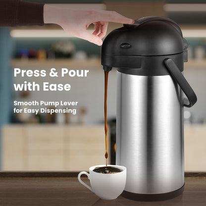 HOM Coffee Dispenser with Pump - 101.44 oz (3L) Vacuum-Insulated Beverage Dispenser for Hot & Cold Drinks - Stainless Steel Pot with Up to 12H Heat Retention/24H Cold Retention - Comes with Cleaning Brush