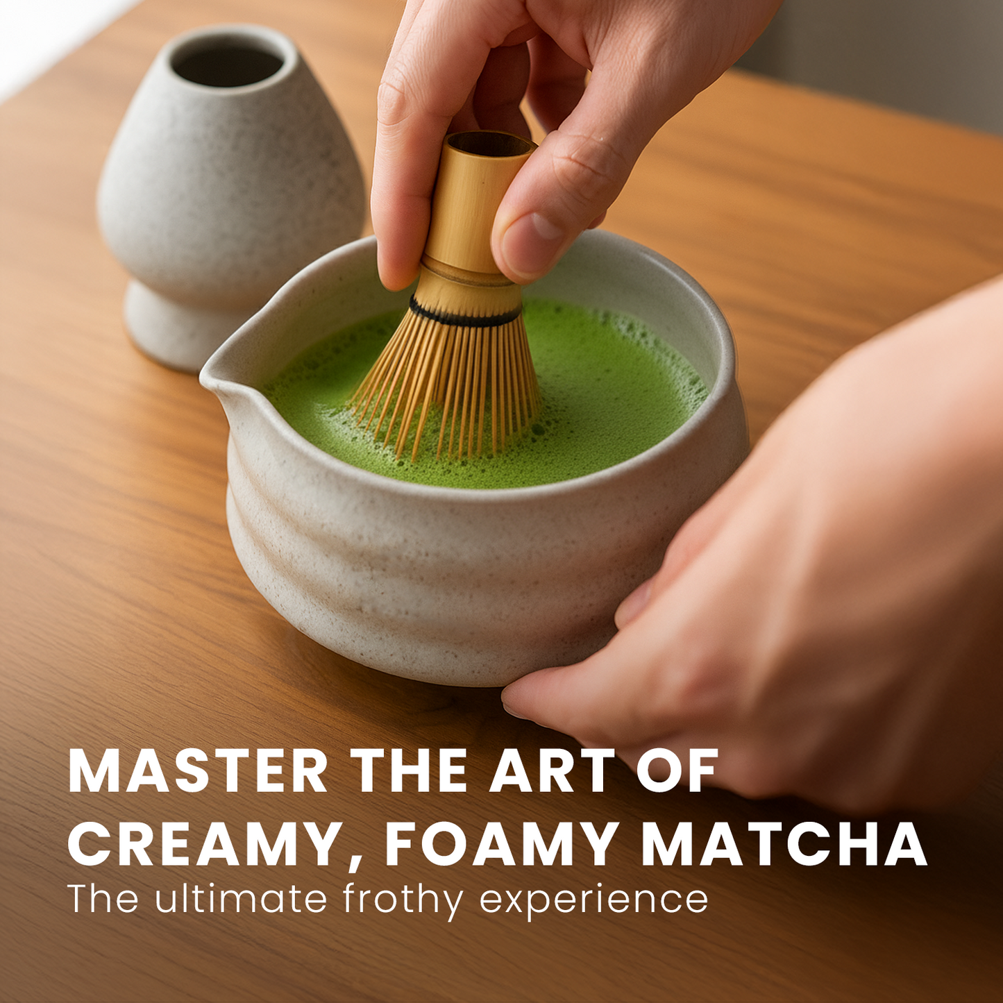 HOM Matcha Whisk Set - 7pc Matcha Set Includes Ceramic Bowl, Bamboo Whisk & Holder, Wooden Scoop & Holder, Sifter & Tea Towel (Matcha NOT Included)