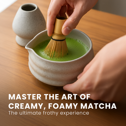 HOM Matcha Whisk Set - 7pc Matcha Set Includes Ceramic Bowl, Bamboo Whisk & Holder, Wooden Scoop & Holder, Sifter & Tea Towel (Matcha NOT Included)