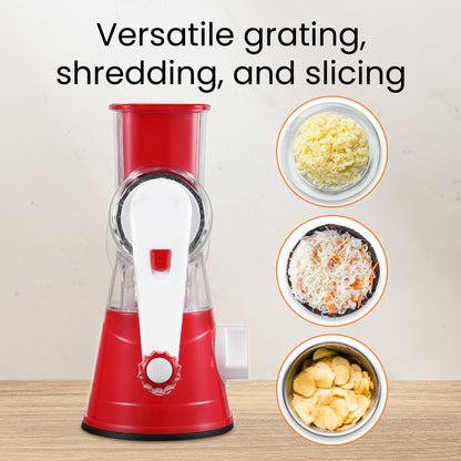 HOM Cheese Grater with 3 Interchangeable Blades, Manual Cheese Shredder, Vegetable Grater, and Mandoline Slicer for Kitchen with Suction Base