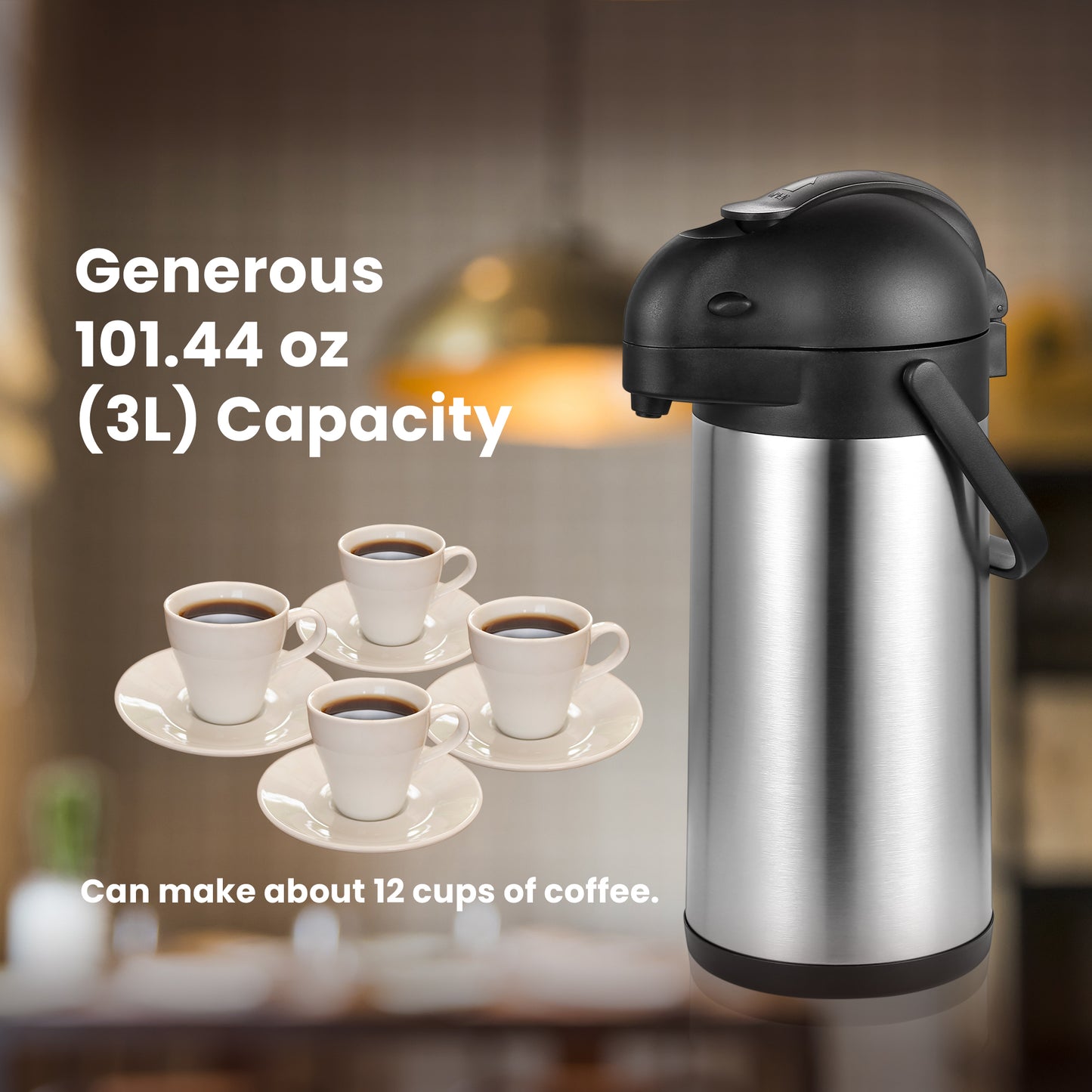 HOM Coffee Dispenser with Pump - 101.44 oz (3L) Vacuum-Insulated Beverage Dispenser for Hot & Cold Drinks - Stainless Steel Pot with Up to 12H Heat Retention/24H Cold Retention - Comes with Cleaning Brush