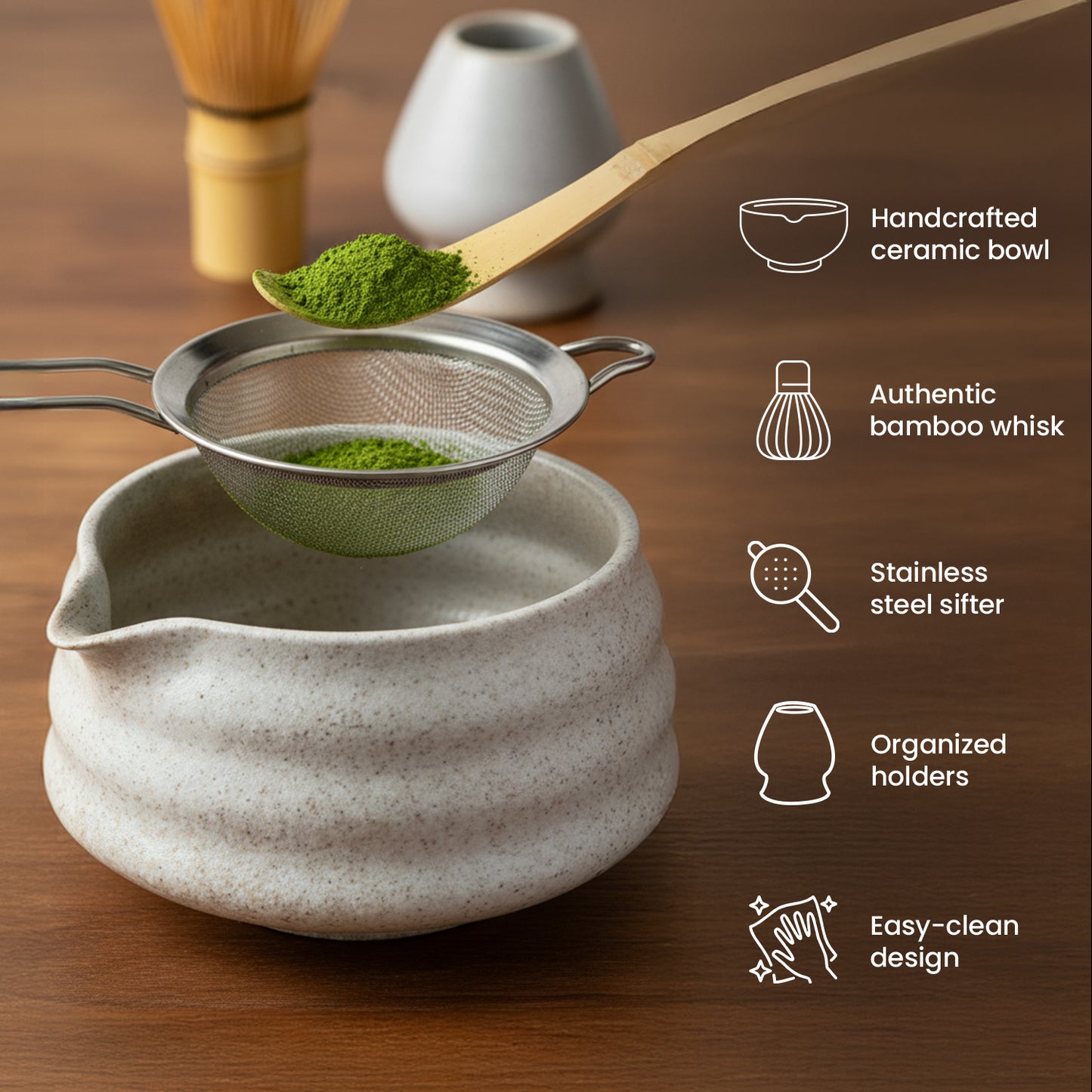 HOM Matcha Whisk Set - 7pc Matcha Set Includes Ceramic Bowl, Bamboo Whisk & Holder, Wooden Scoop & Holder, Sifter & Tea Towel (Matcha NOT Included)
