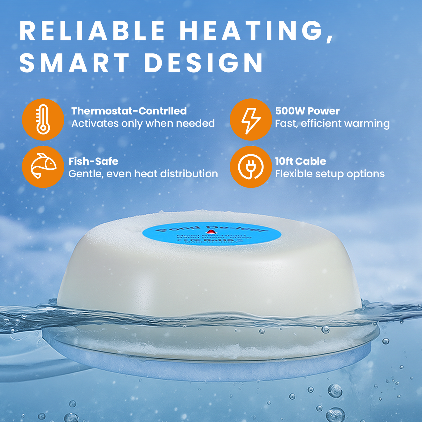 HOM Water Heater for Aquarium - 500W Aquarium Heater for Fish Tanks Up to 50 Gal - Floating Pond Deicer with 10ft Power Cable & Built-in Thermostat