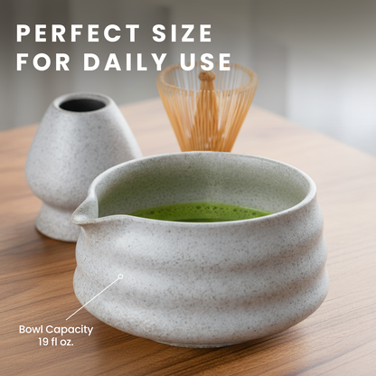 HOM Matcha Whisk Set - 7pc Matcha Set Includes Ceramic Bowl, Bamboo Whisk & Holder, Wooden Scoop & Holder, Sifter & Tea Towel (Matcha NOT Included)