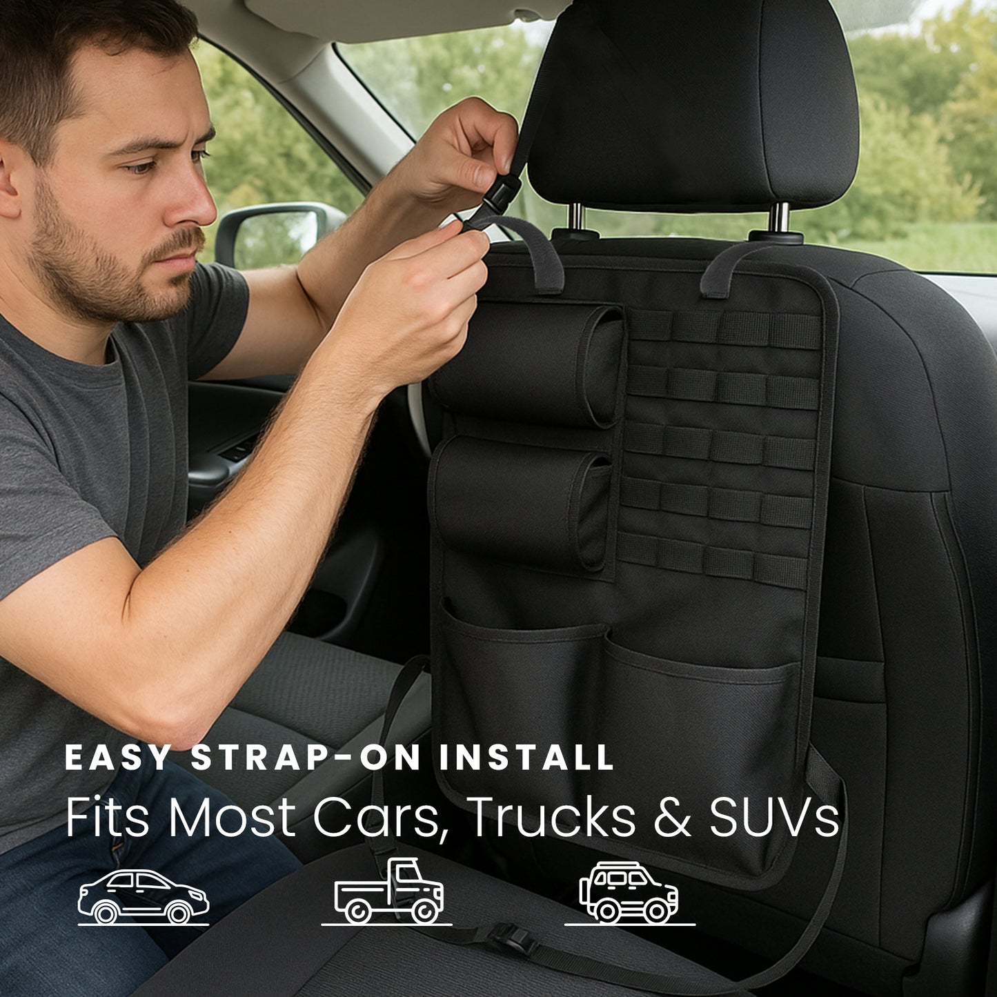 HOM Seat Back Gun Rack - Backseat Car Organizer for Tactical Gear - Adjustable Buckle Strap for Universal Fit for Most Cars & Trucks - Car Storage Rack for Hunting or Tactical Gear (2-pack)