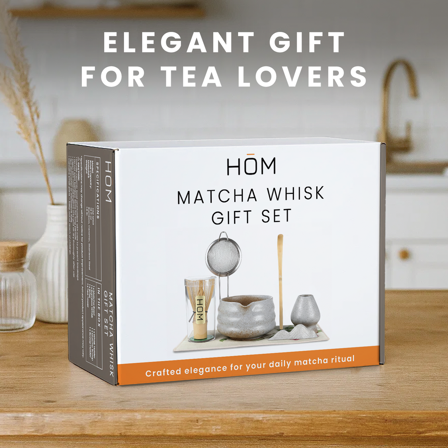 HOM Matcha Whisk Set - 7pc Matcha Set Includes Ceramic Bowl, Bamboo Whisk & Holder, Wooden Scoop & Holder, Sifter & Tea Towel (Matcha NOT Included)