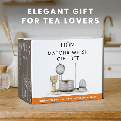 HOM Matcha Whisk Set - 7pc Matcha Set Includes Ceramic Bowl, Bamboo Whisk & Holder, Wooden Scoop & Holder, Sifter & Tea Towel (Matcha NOT Included)