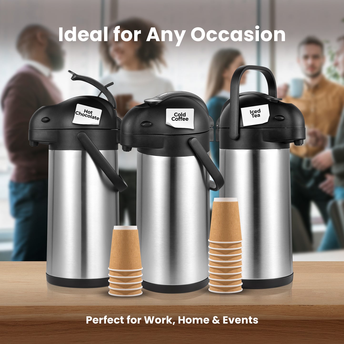 HOM Coffee Dispenser with Pump - 101.44 oz (3L) Vacuum-Insulated Beverage Dispenser for Hot & Cold Drinks - Stainless Steel Pot with Up to 12H Heat Retention/24H Cold Retention - Comes with Cleaning Brush