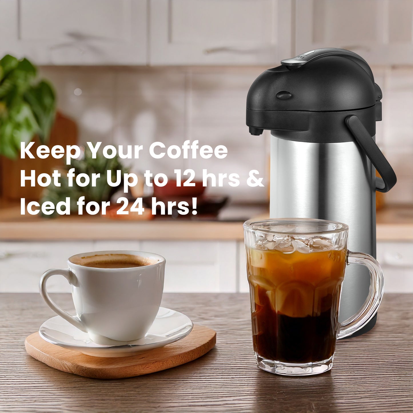 HOM Coffee Dispenser with Pump - 101.44 oz (3L) Vacuum-Insulated Beverage Dispenser for Hot & Cold Drinks - Stainless Steel Pot with Up to 12H Heat Retention/24H Cold Retention - Comes with Cleaning Brush