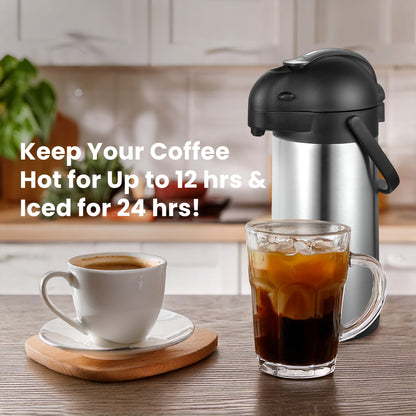 HOM Coffee Dispenser with Pump - 101.44 oz (3L) Vacuum-Insulated Beverage Dispenser for Hot & Cold Drinks - Stainless Steel Pot with Up to 12H Heat Retention/24H Cold Retention - Comes with Cleaning Brush