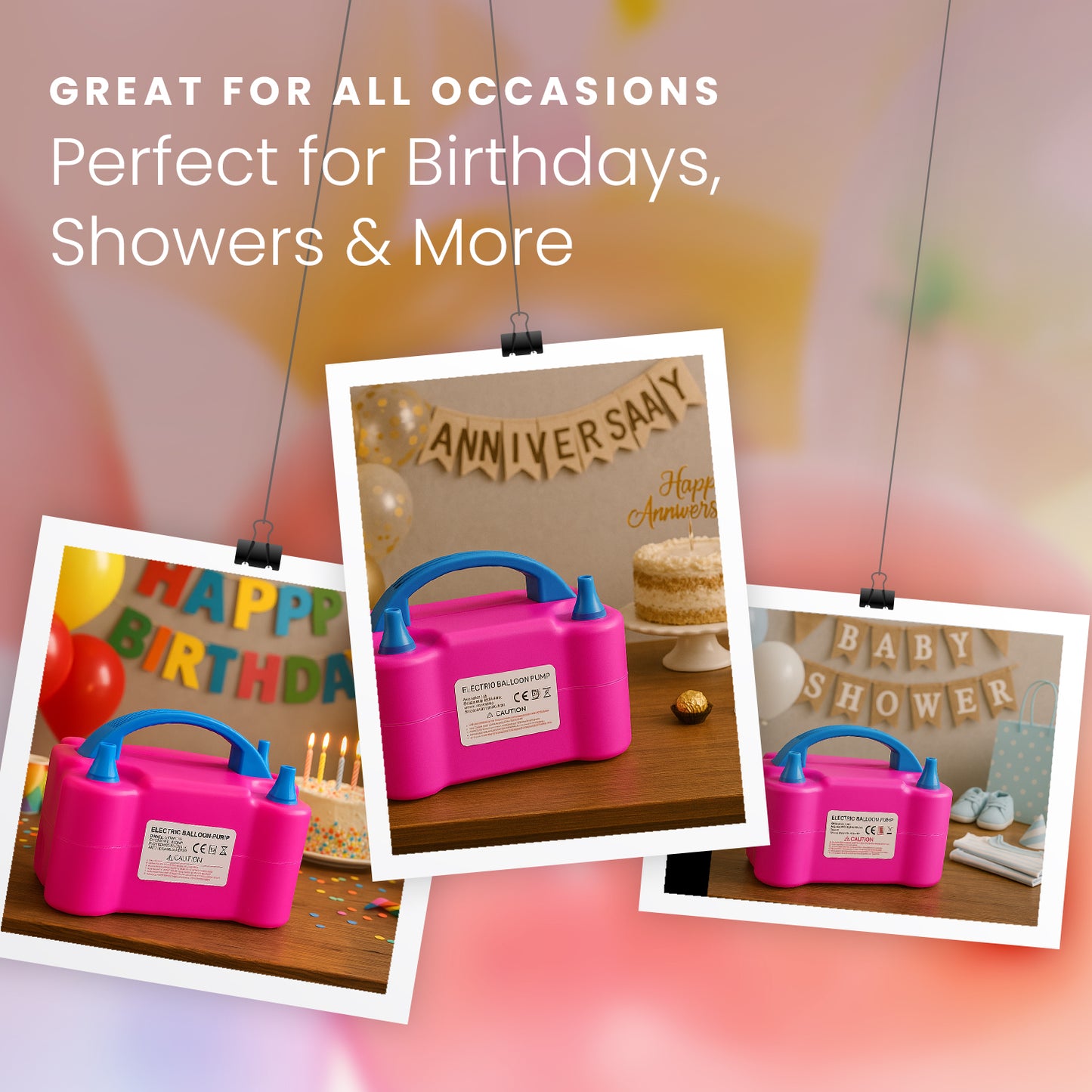 HOM Balloon Pump - Dual Nozzle Electric Balloon Pump - Dual Modes & Nozzle Tips for Small & Large Balloons - for Latex & Foil Birthday Decorations - NOT for Long Balloons & Inflatables