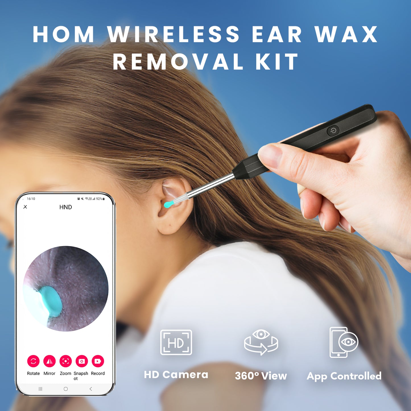 HOM Wireless Ear Wax Removal Kit - Complete Ear Cleaning Kit with HD Camera, 360-Degree View & 4 Interchangeable Silicone Tips - Rechargeable Ear Wax Removal Tool with App Connectivity