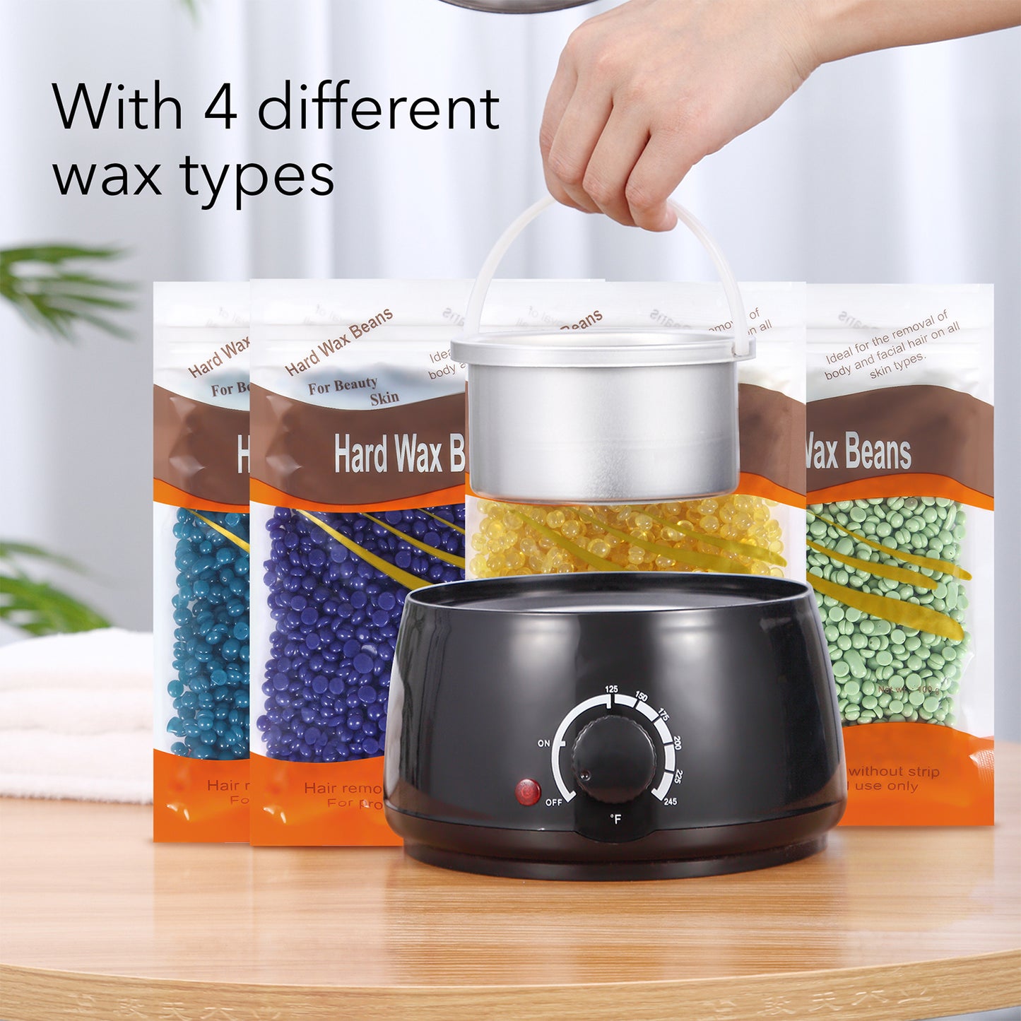 HOM Waxing Kit - Plug-in Wax Warmer + Wax Beads for Hair Removal (Black, 4 Bags of Wax Beads)