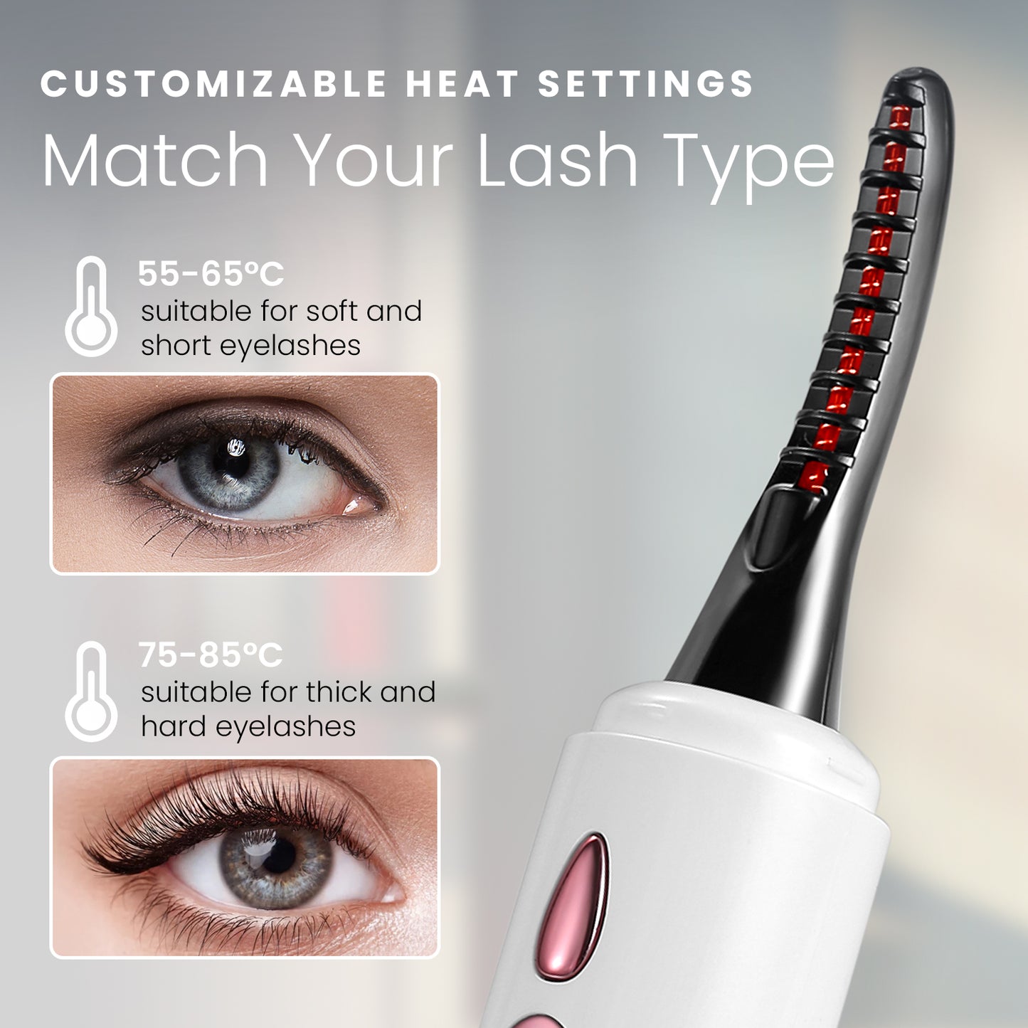 HOM Heated Eyelash Curler - USB Rechargeable Wand-Style Lash Curler - Fast Heat Up for Long-Lasting Lash Lift - Easy Clean Up with Included Cleaning Brush (White)