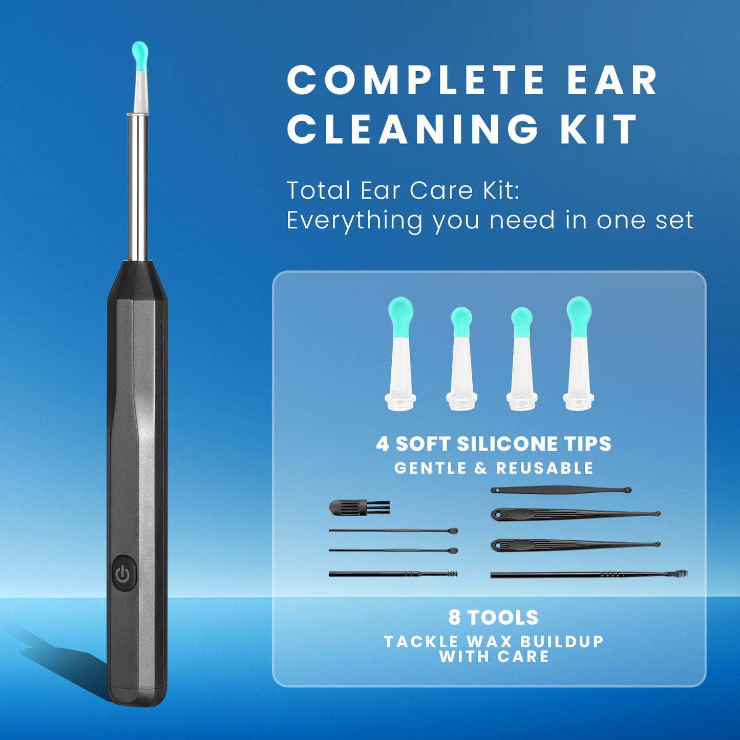 HOM Wireless Ear Wax Removal Kit - Complete Ear Cleaning Kit with HD Camera, 360-Degree View & 4 Interchangeable Silicone Tips - Rechargeable Ear Wax Removal Tool with App Connectivity