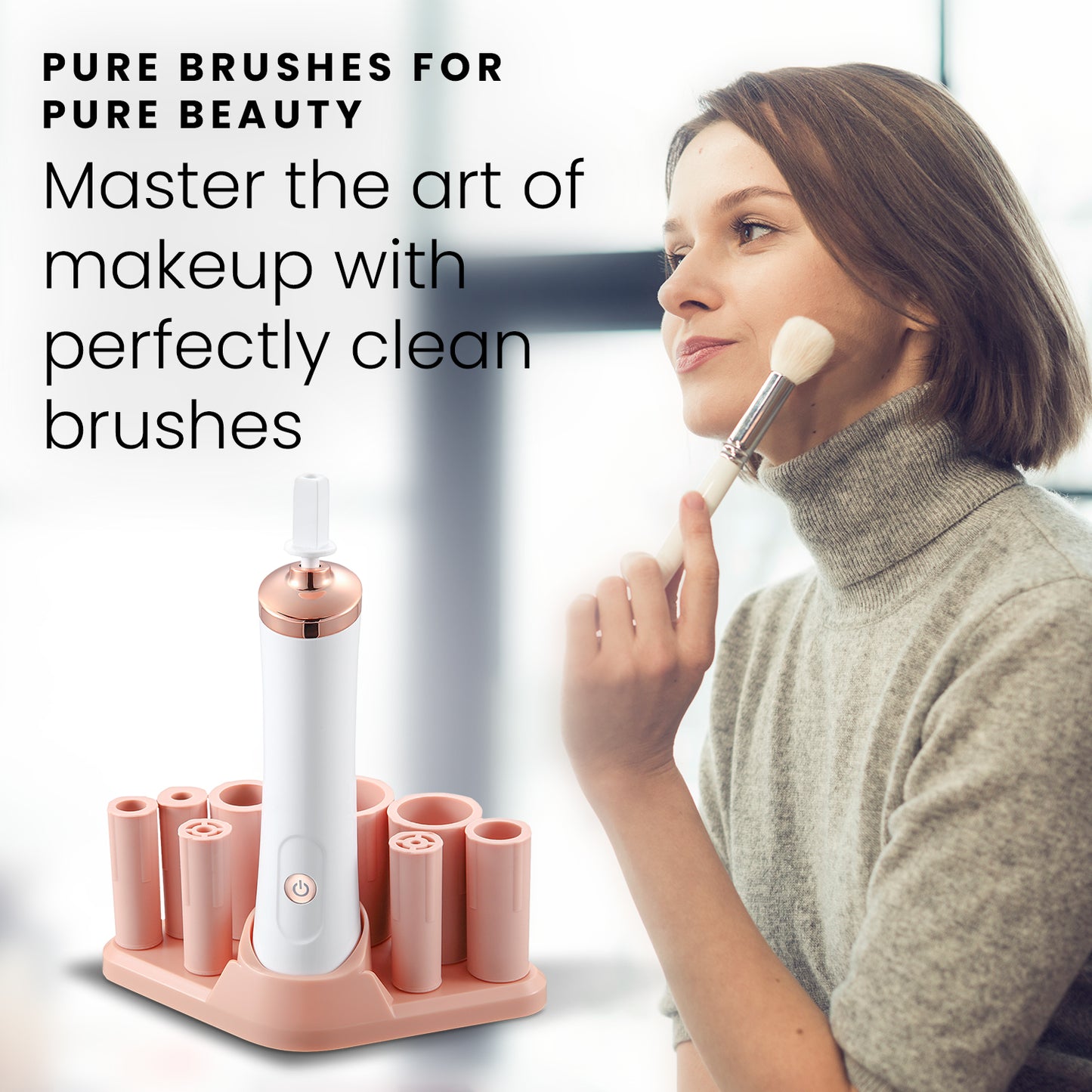 HOM Makeup Brush Cleaner - Automatic Makeup Brush Cleaner & Dryer with 8 Rubber Collars - Fits Most Brush Types - Effortlessly Wash & Dry Brushes in Seconds (2 x AAA Batteries Included)