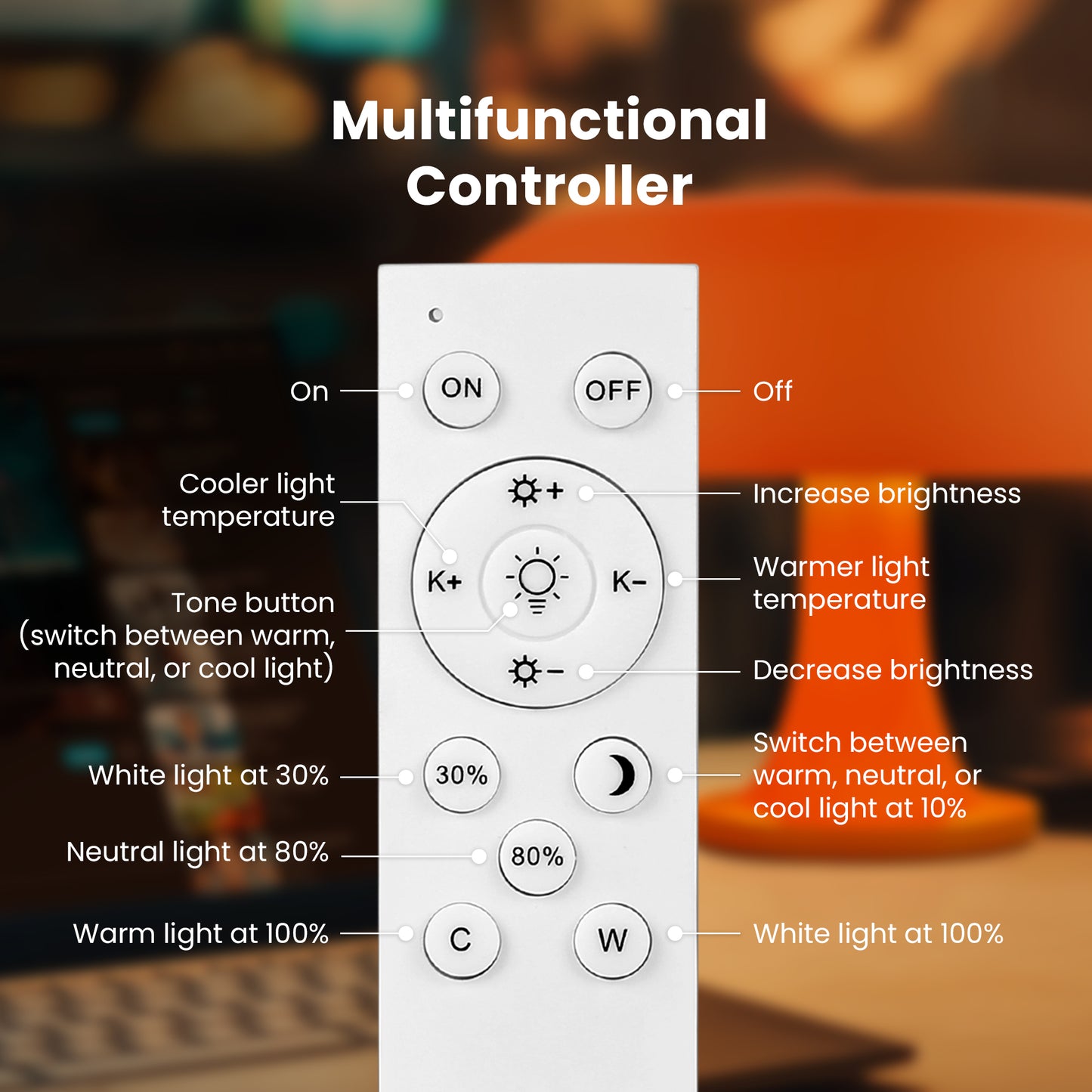 HOM Mushroom Lamp - Dimmable Desk Lamp with Adjustable Brightness Levels, Tones, and Preset Options - Easily Switch Light Modes From Warm, Cool & Neutral with Remote Control (Orange)