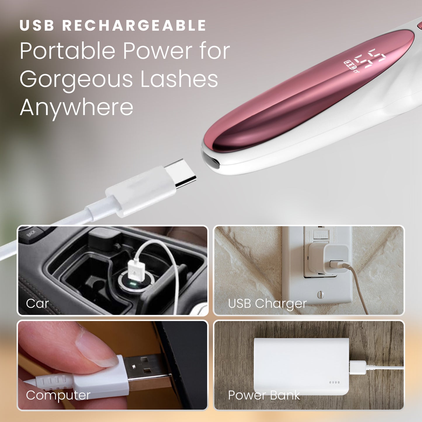 HOM Heated Eyelash Curler - USB Rechargeable Wand-Style Lash Curler - Fast Heat Up for Long-Lasting Lash Lift - Easy Clean Up with Included Cleaning Brush (White)