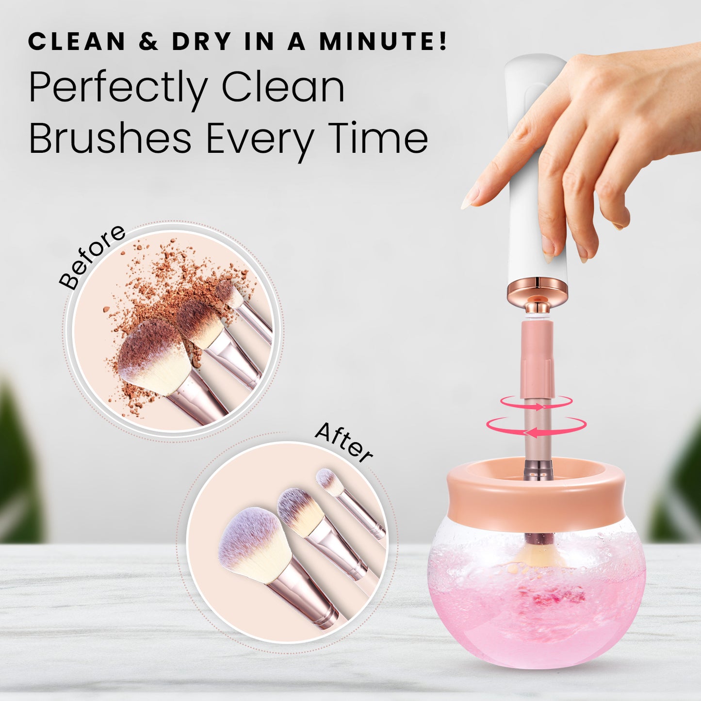 HOM Makeup Brush Cleaner - Automatic Makeup Brush Cleaner & Dryer with 8 Rubber Collars - Fits Most Brush Types - Effortlessly Wash & Dry Brushes in Seconds (2 x AAA Batteries Included)