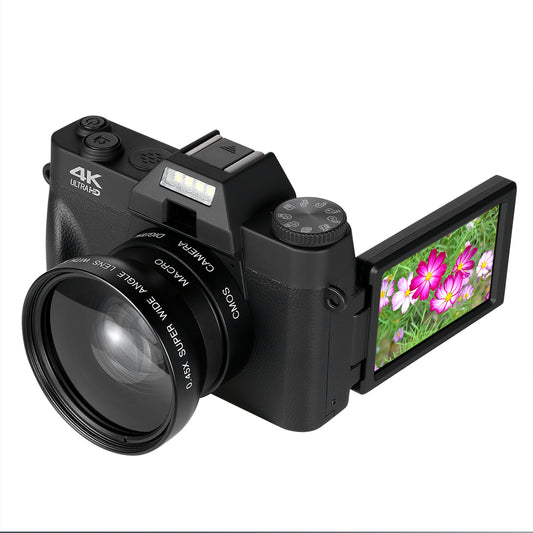 HOM 4K Digital Camera with Interchangeable Lens - 16x Digital Zoom, 3.0" Flip Screen, Autofocus & Wi-Fi Connectivity - 32 Micro SD Card Included