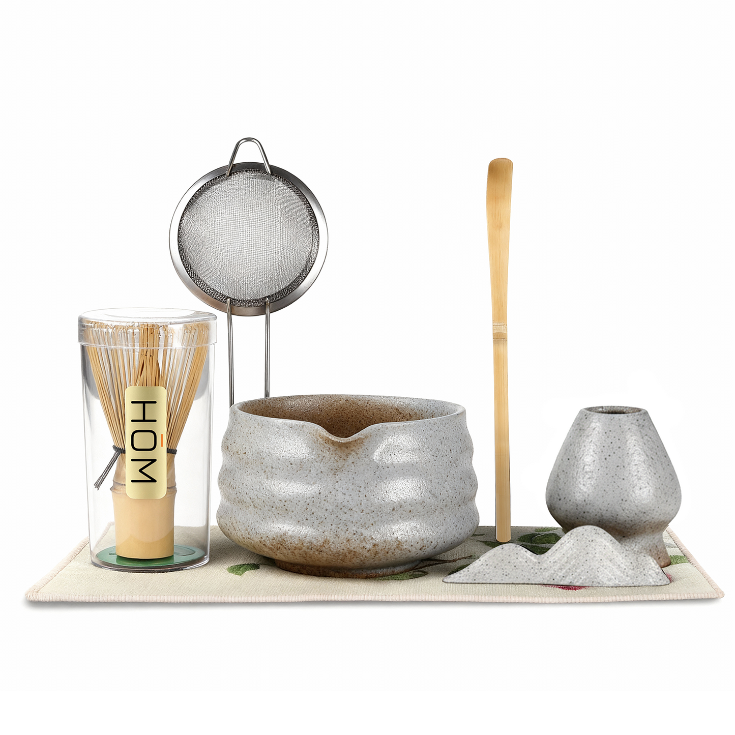 HOM Matcha Whisk Set - 7pc Matcha Set Includes Ceramic Bowl, Bamboo Whisk & Holder, Wooden Scoop & Holder, Sifter & Tea Towel (Matcha NOT Included)