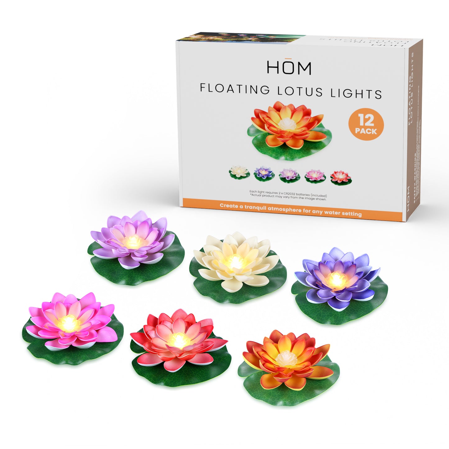HOM Floating Lotus Lights - Waterproof LED Color Changing Lily Pad Lights for Pool, Pond, and Garden Décor (12 Pack)