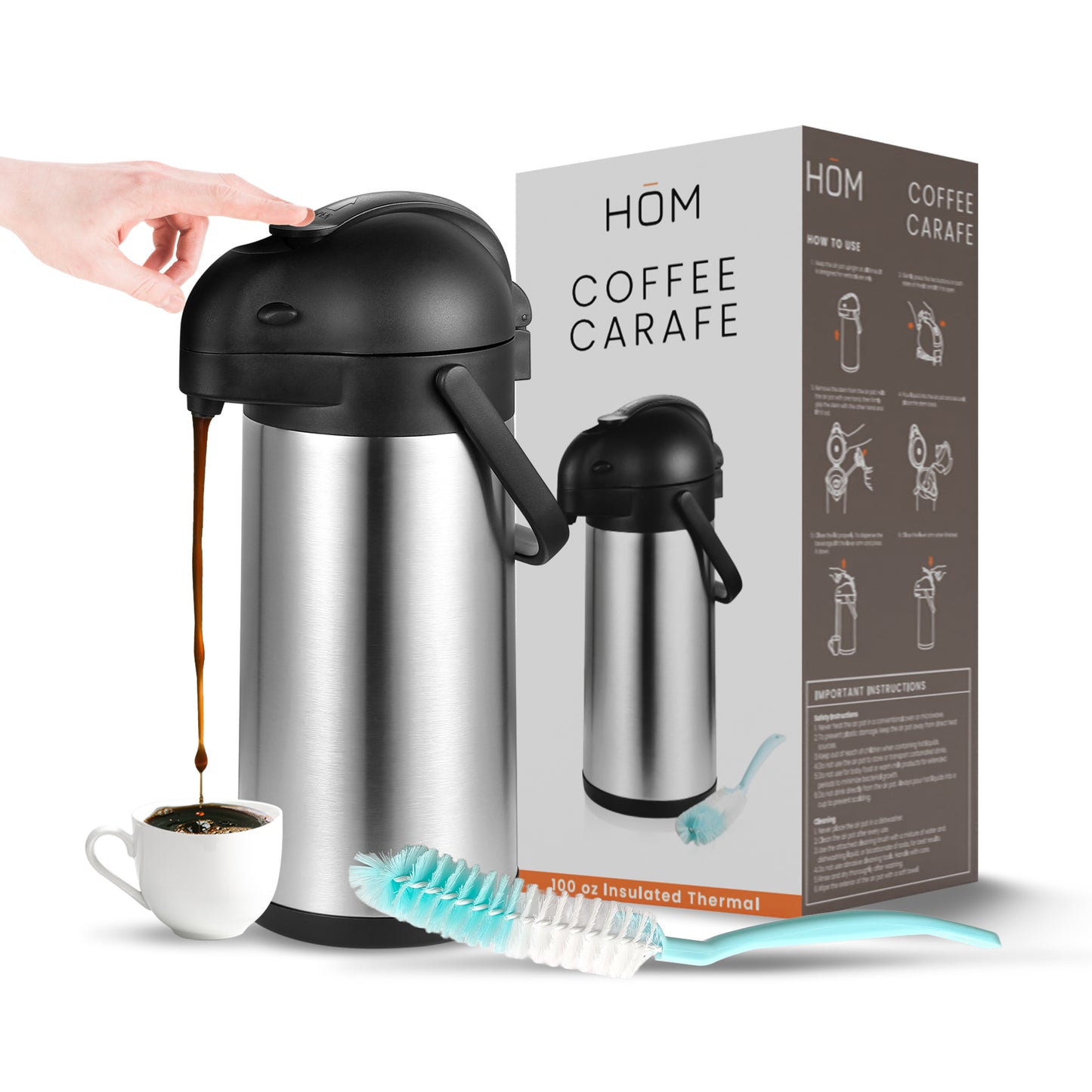 HOM Coffee Dispenser with Pump - 101.44 oz (3L) Vacuum-Insulated Beverage Dispenser for Hot & Cold Drinks - Stainless Steel Pot with Up to 12H Heat Retention/24H Cold Retention - Comes with Cleaning Brush